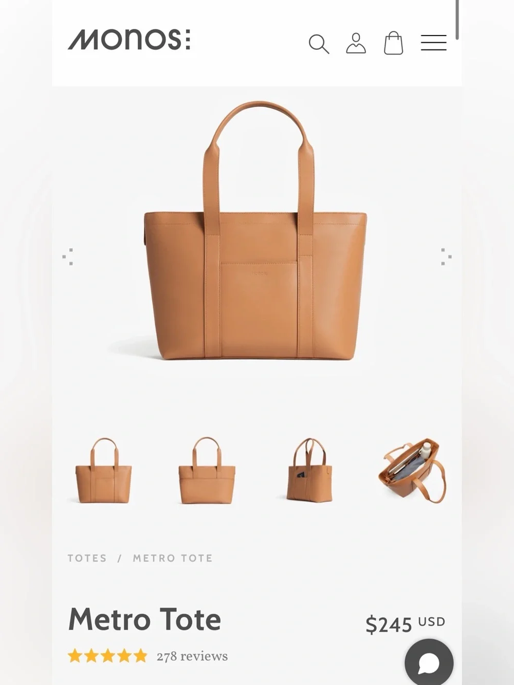 Monos Vegan Leather Metro Tote in Saddle Tan